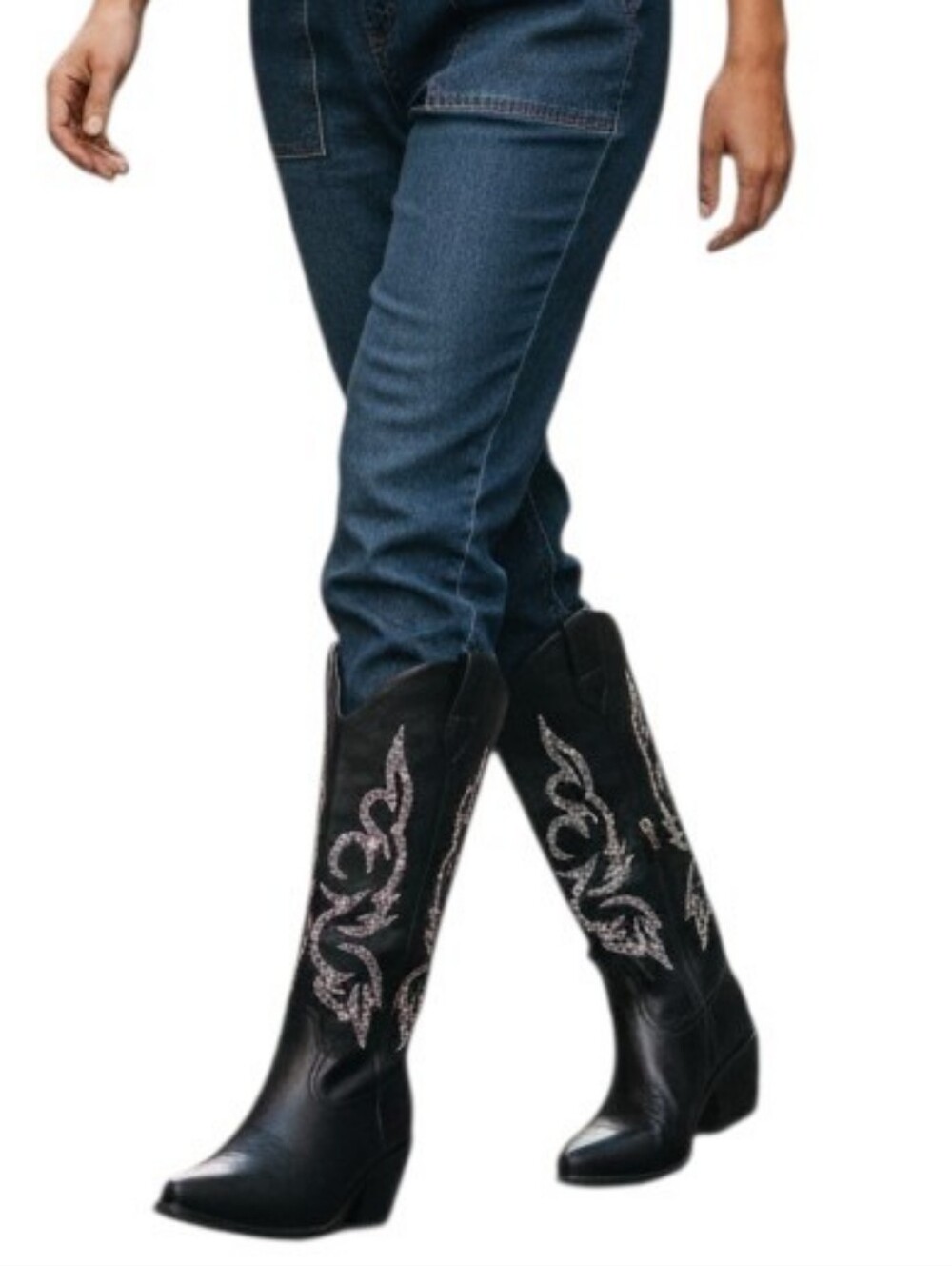 Black Studded Western Cowboy Boots Faux Leather Side Zip Boots Size 7 - Picture 11 of 11
